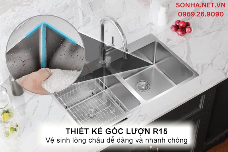 Thiết kế g&oacute;c lượn R15 cho ph&eacute;p vệ sinh l&ograve;ng chậu nhanh ch&oacute;ng v&agrave; dễ d&agrave;ng