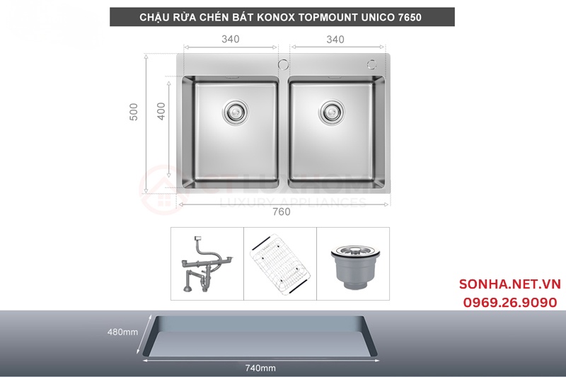 Chậu rửa b&aacute;t 2 hố KONOX Topmount UNICO 7650