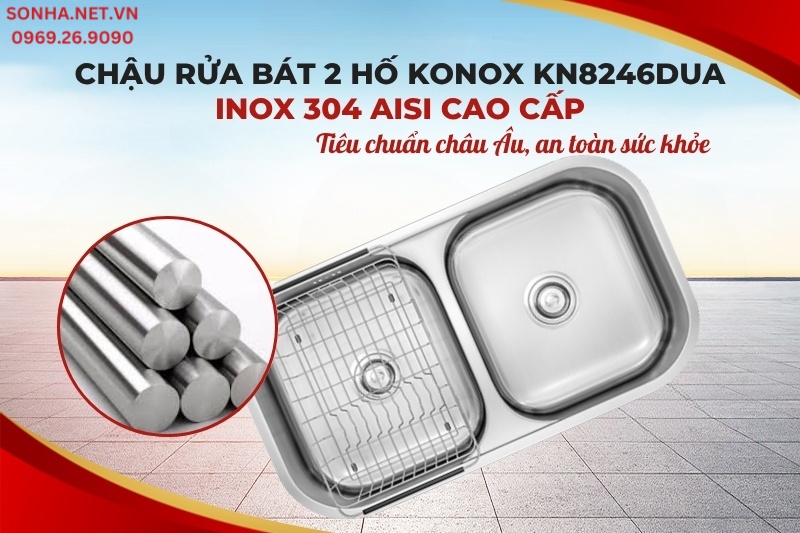 Chậu rửa b&aacute;t 2 hố Konox KN8246DUA được sản xuất từ chất liệu inox 304 cao cấp