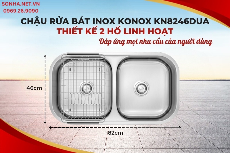 Chậu rửa b&aacute;t Konox KN8246DUA c&oacute; thiết kế 2 hố c&acirc;n, đ&aacute;p ứng mọi nhu cầu sử dụng
