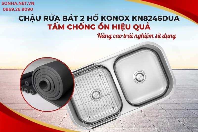 Chậu rửa b&aacute;t inox 2 hố  Konox KN8246DU được trang bị 2 hố c&acirc;n