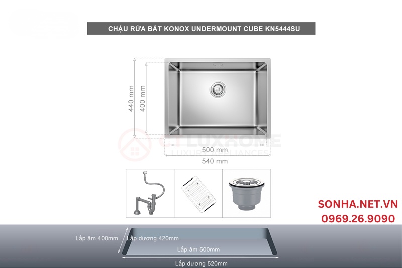 Chậu rửa bát 1 hố KONOX Undermount CUBE 5444SU