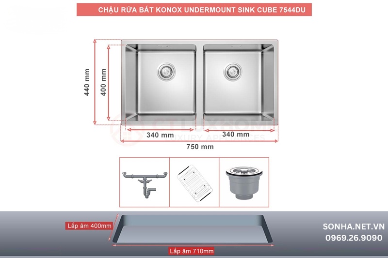 Chậu rửa b&aacute;t 2 hố KONOX Undermount CUBE 7544DU