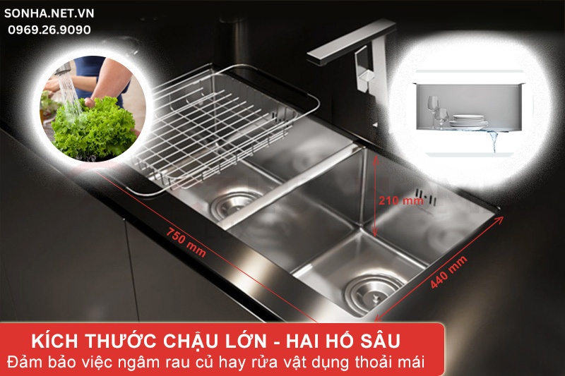Thiết kế 2 hố diện t&iacute;ch tối ưu đảm bảo việc ng&acirc;m rửa rau củ, đồ d&ugrave;ng thoải m&aacute;i