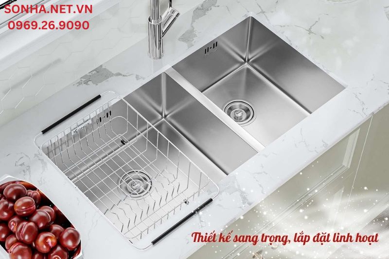 Chậu rửa b&aacute;t 2 hố Konox Cube 8144DU lắp đặt linh hoạt