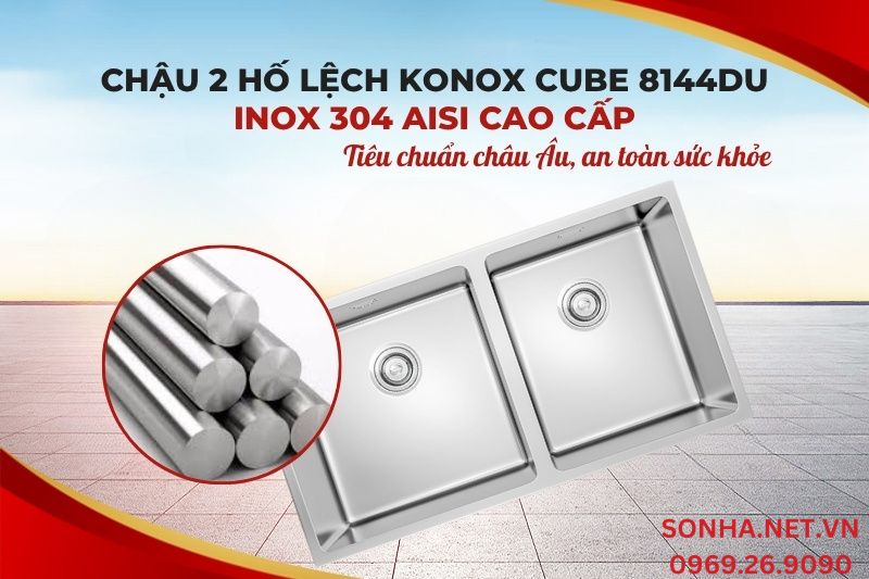 Chậu rửa b&aacute;t 2 hố Konox Undermount CUBE 8144DU được sản xuất từ inox 304