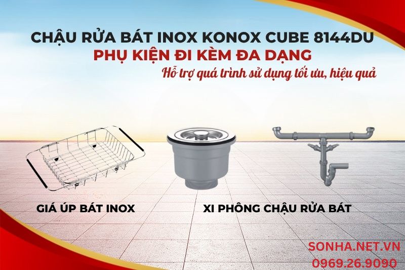 Chậu rửa b&aacute;t Konox Undermount CUBE 8144DU đa dạng phụ kiện đi k&egrave;m