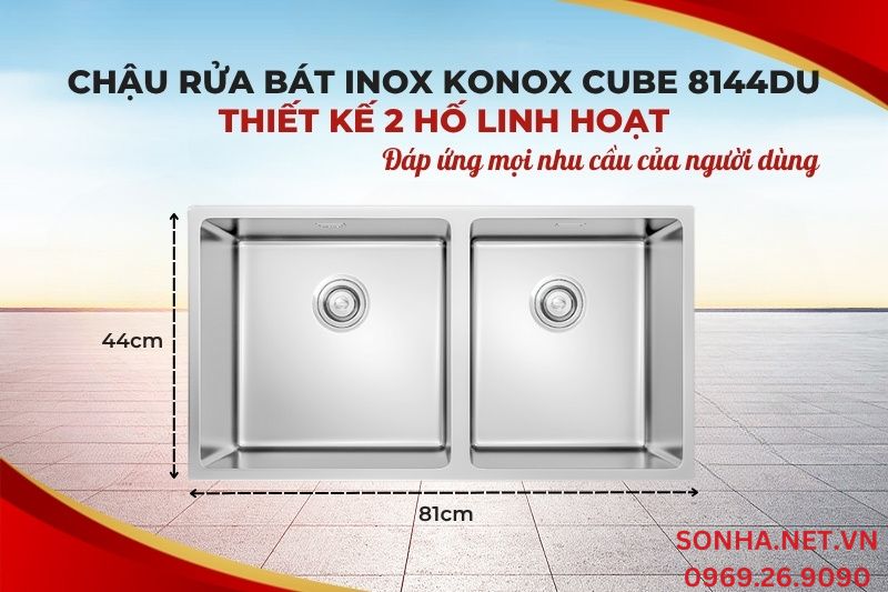 Chậu rửa b&aacute;t Konox Undermount CUBE 8144DU c&oacute; thiết kế 2 hố lệch tiện &iacute;ch