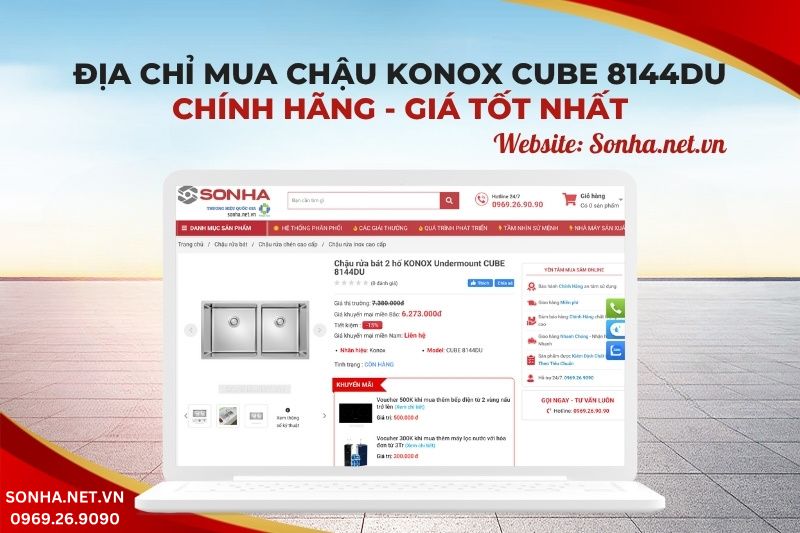 Địa chỉ mua chậu rửa b&aacute;t 2 hố lệch Konox Cube 8144DU ch&iacute;nh h&atilde;ng