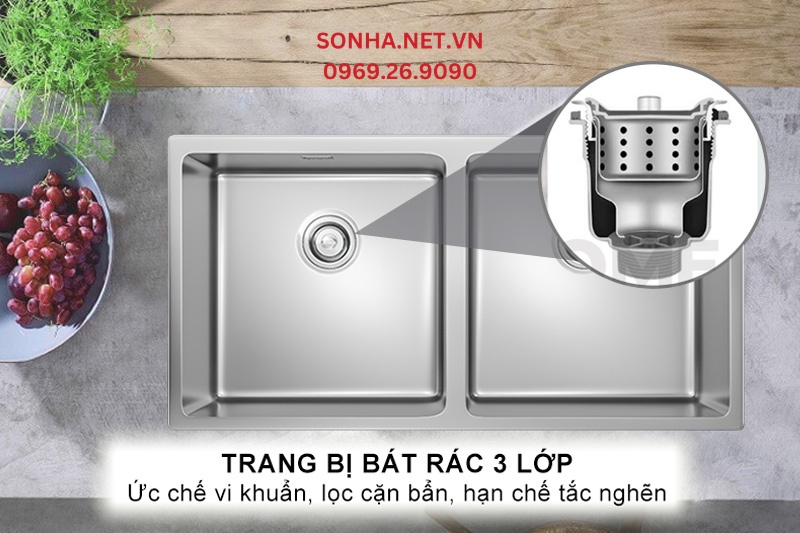 B&aacute;t r&aacute;c 3 lớp lọc sạch cặn bẩn, thực phẩm v&agrave; hạn chế tắc nghẽn