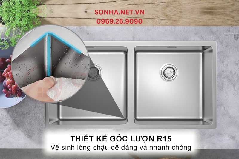 Thiết kế g&oacute;c lượn R15 cho ph&eacute;p vệ sinh l&ograve;ng chậu nhanh ch&oacute;ng v&agrave; dễ d&agrave;ng