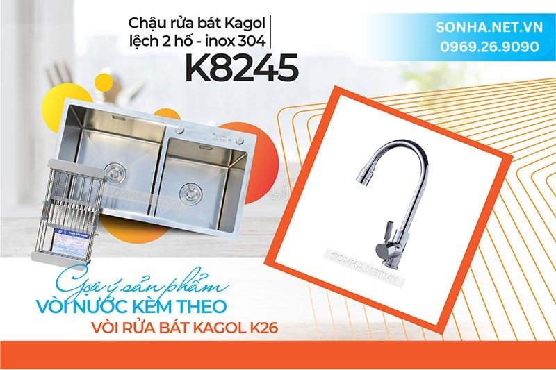 Cặp đ&ocirc;i tuyệt hảo chậu Kagol K8245 - 304 v&agrave; v&ograve;i K26