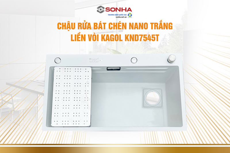 Chậu rửa b&aacute;t ch&eacute;n inox nano trắng liền v&ograve;i KAGOL KND7545T