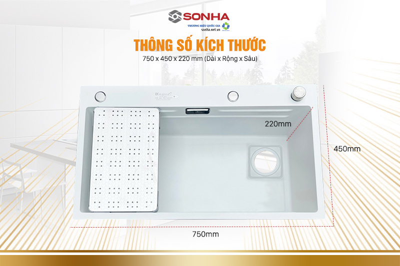 kich thước Chậu rửa b&aacute;t ch&eacute;n inox nano trắng liền v&ograve;i KAGOL KND7545T