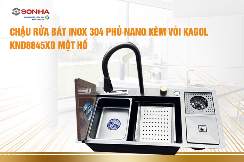 Chậu rửa b&aacute;t inox 304 phủ nano k&egrave;m v&ograve;i KAGOL 
