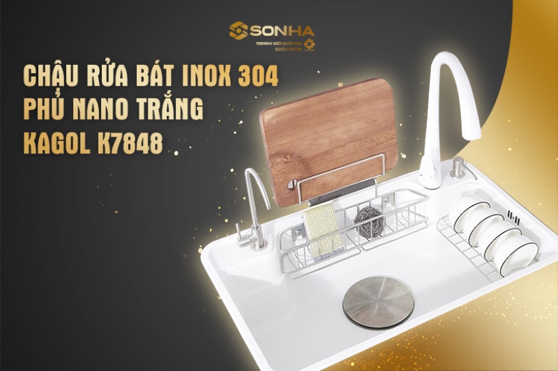Chậu rửa b&aacute;t ch&eacute;n inox 304 phủ nano trắng KAGOL K7848 một hố