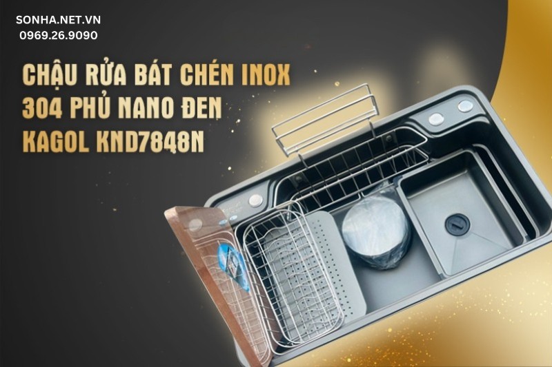 Chậu rửa b&aacute;t ch&eacute;n inox 304 một hố phủ nano đen Kagol KND7848N