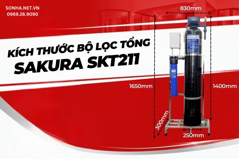 K&iacute;ch thước bộ lọc nước tổng đầu nguồn Sakura SKT211
