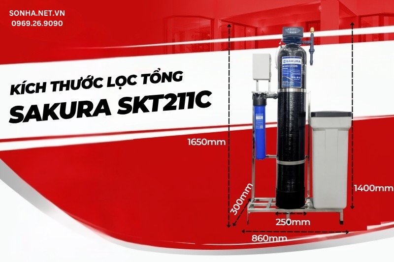 K&iacute;ch thước m&aacute;y lọc nước tổng tự động sục rửa Sakura SKT211C