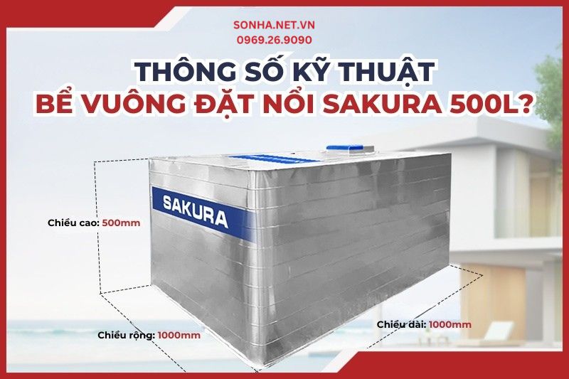 K&iacute;ch thước bể nước vu&ocirc;ng đặt nổi inox Sakura 500L