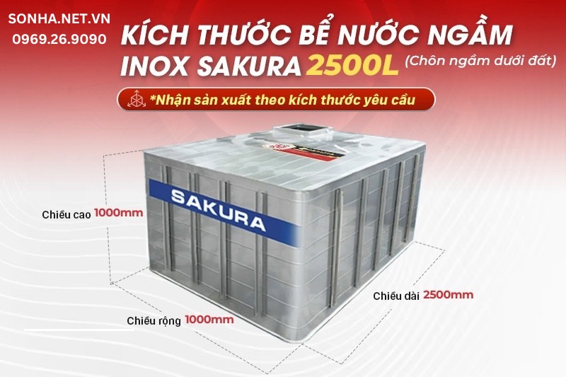 Th&ocirc;ng số kỹ thuật bể ngầm Sakura 2500L