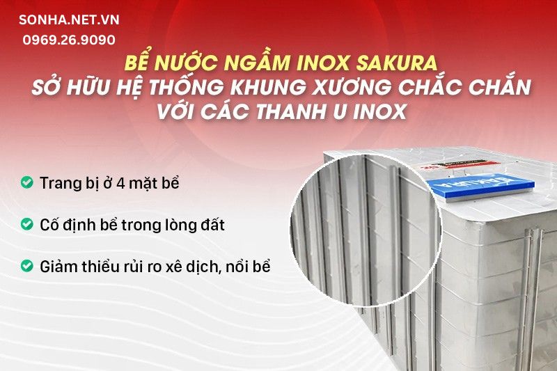Bể inox ngầm Sakura 8000L được tối ưu bởi hệ thống khung xương U inox