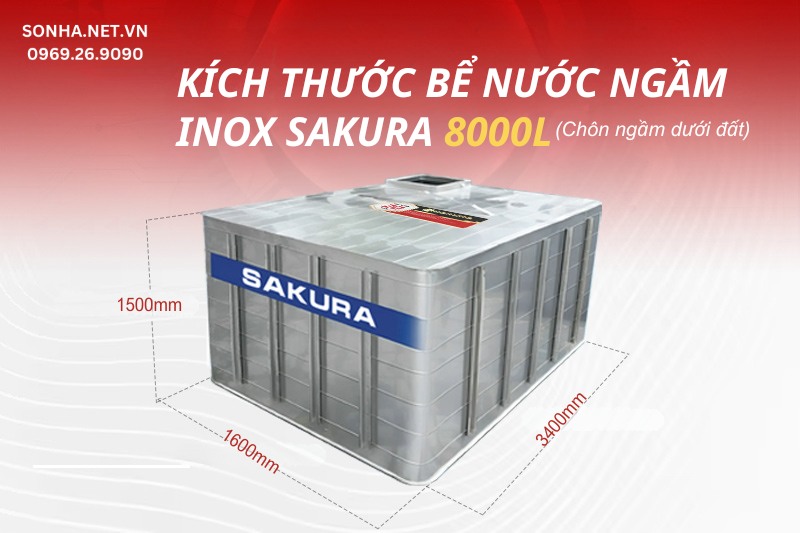 Th&ocirc;ng số kỹ thuật bể ngầm inox sakura 8000L