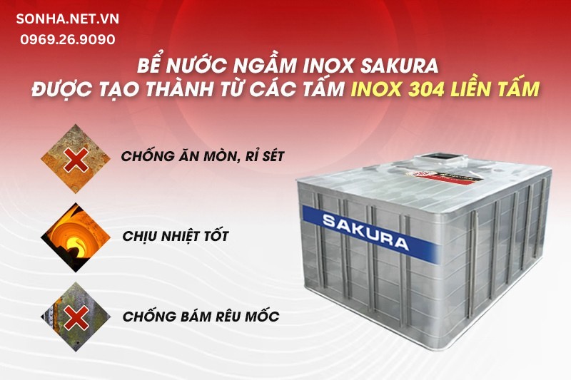 Bể nước ngầm inox Sakura 10000L được l&agrave;m từ inox 304 liền tấm d&agrave;y dặn