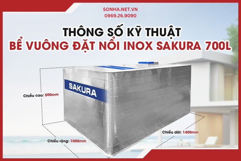 Bể vu&ocirc;ng đặt nổi inox Sakura c&oacute; dung t&iacute;ch 700L 