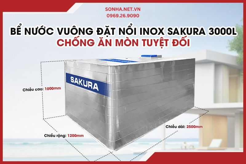 Bể vuông đặt nổi inox Sakura có dung tích 3000L