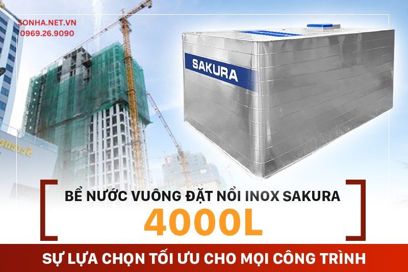 Bể nước vuông đặt nổi inox Sakura 4000L