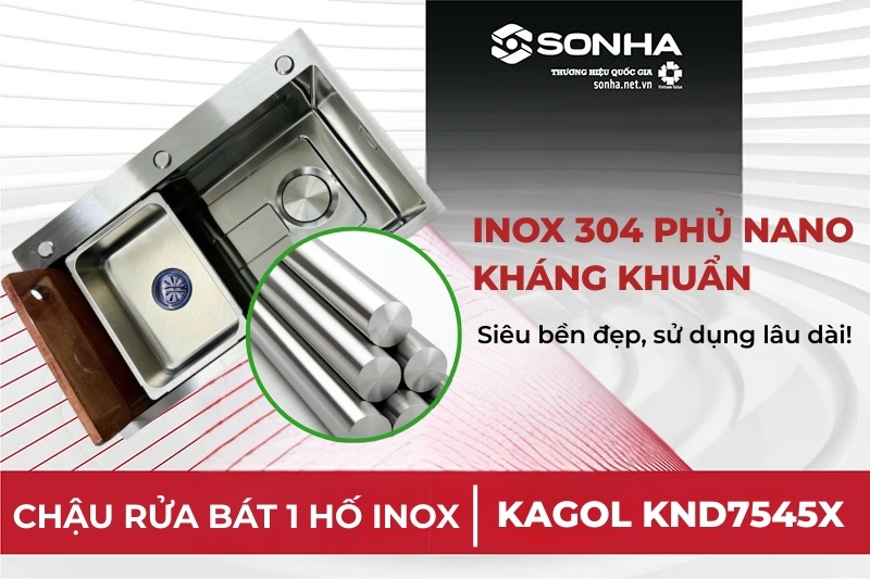 Bồn rửa ch&eacute;n Kagol KND7545X được l&agrave;m từ inox 304 phủ nano kh&aacute;ng khuẩn