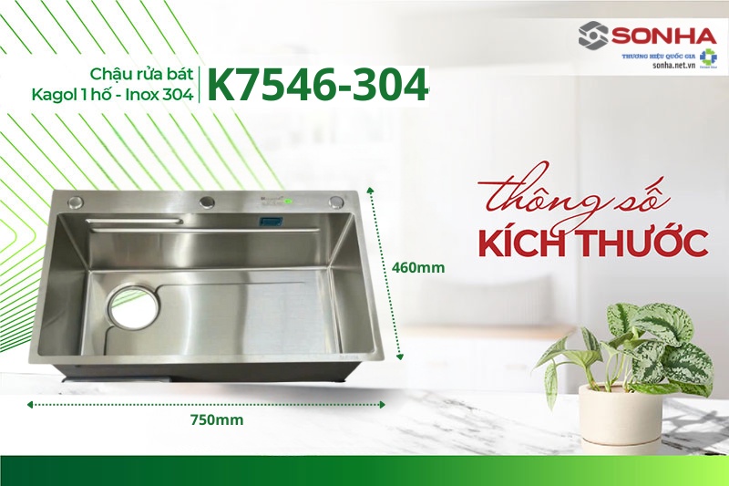 Th&ocirc;ng số k&iacute;ch thước bồn rửa ch&eacute;n Kagol K7546-304