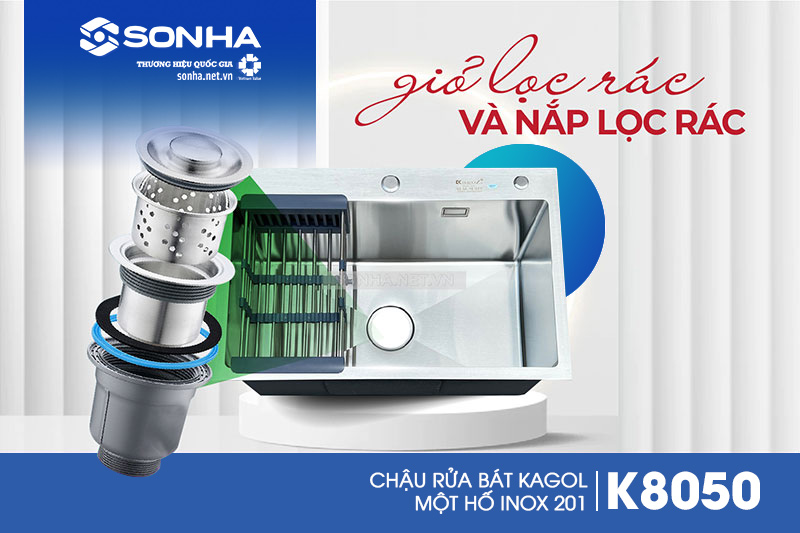 KAGOL K8050 trang bị giỏ lọc r&aacute;c kh&aacute;ng khuẩn, đảm bảo vệ sinh