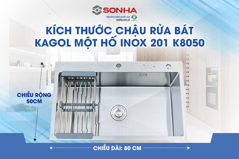 K&iacute;ch thước chậu rửa b&aacute;t KAGOL một hố K8050 inox 201