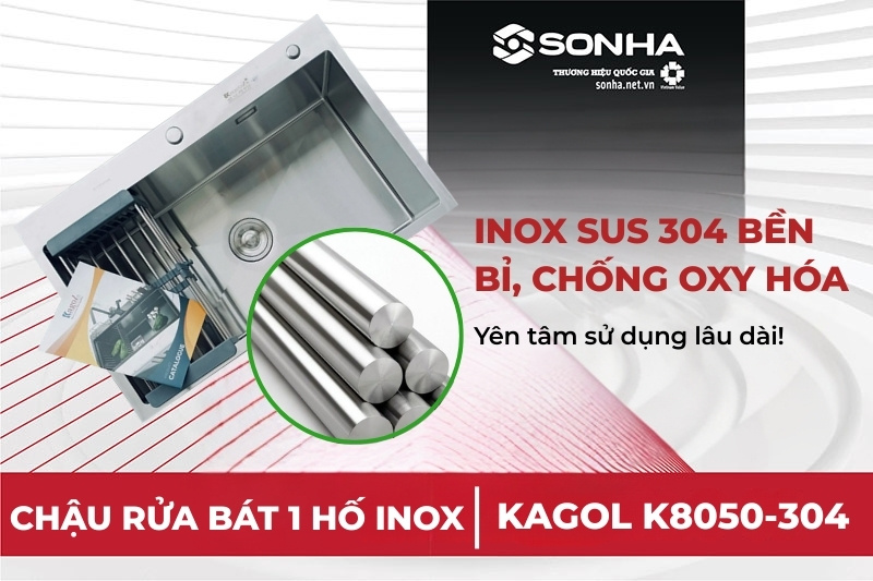 Bồn rửa ch&eacute;n b&aacute;t Kagol K8050 được l&agrave;m từ inox 304 cao cấp