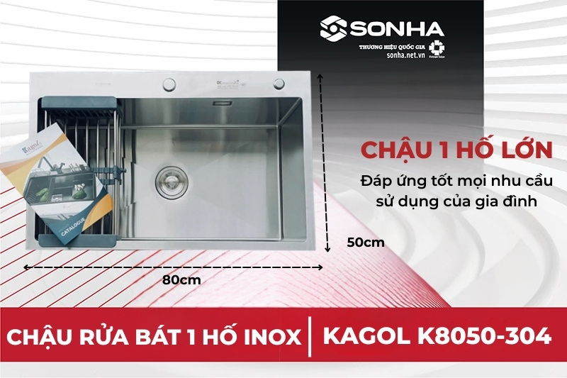 Chậu Kagol K8050-304 c&oacute; thiết kế 1 hố rộng dễ d&agrave;ng sử dụng