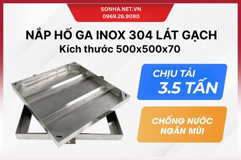 Nắp hố ga inox l&aacute;t gạch k&iacute;ch thước 500x500x70