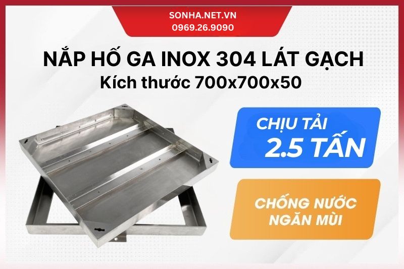 Nắp hố ga inox l&aacute;t gạch, k&iacute;ch thước 700x700x50