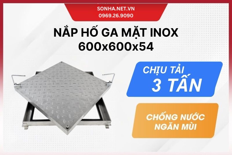 Nắp hố ga chống nước, ngăn m&ugrave;i mặt inox 600x600x54 - chịu tải 3 tấn