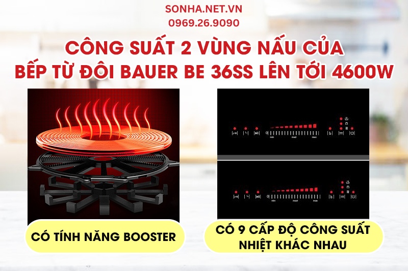 Bếp từ Bauer BE 36SS có 2 vùng nấu với công suất lên tới 4600W