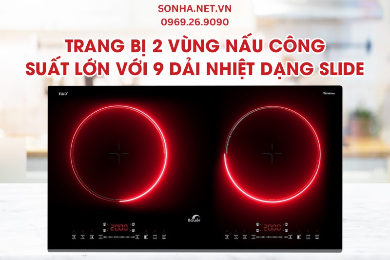 Bếp từ đ&ocirc;i Bauer BE 26MI Plus được trang bị 2 v&ugrave;ng nấu với 9 dải nhiệt
