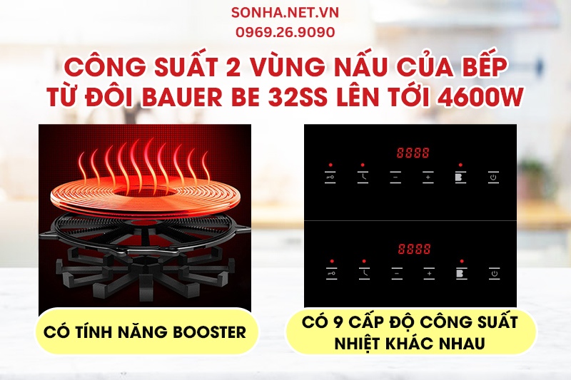 Bếp từ đôi Bauer BE 32SS được trang bị 2 vùng nấu với công suất 4600W