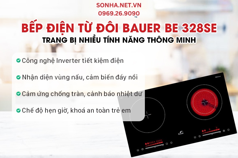 Bếp từ 2 v&ugrave;ng nấu Bauer BE 328SE được trang bị nhiều t&iacute;nh năng th&ocirc;ng minh
