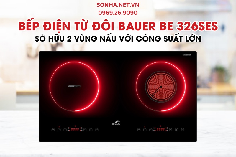 Bếp điện từ đ&ocirc;i Bauer BE 326SES sở hữu 2 v&ugrave;ng nấu với tổng c&ocirc;ng suất 4300W