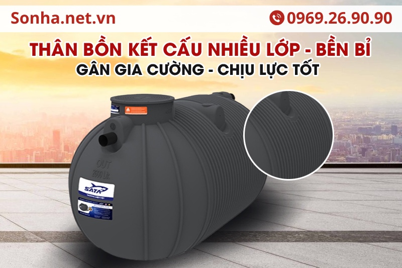 Cấu tạo th&acirc;n bồn tự hoại septic ngang SATA 2600l 