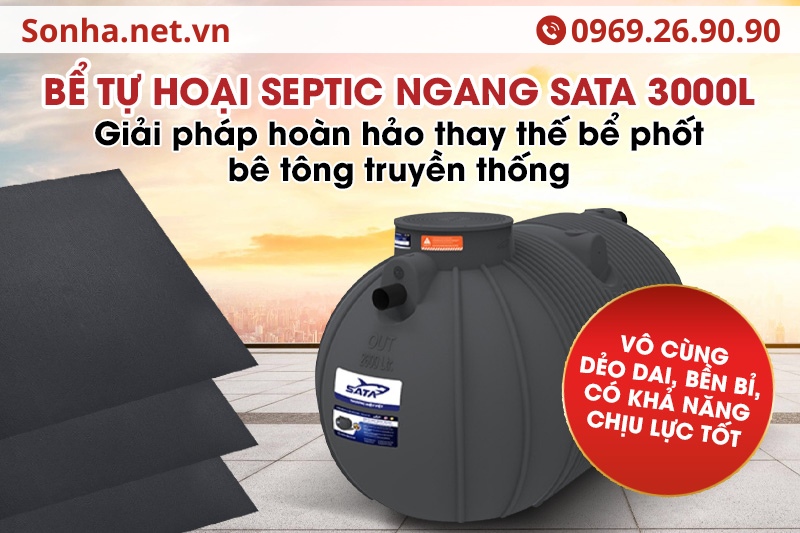 Bể phốt nhựa ngang SATA 3000L làm từ nhựa LLDPE vô cùng dẻo dai, chống rò rỉ