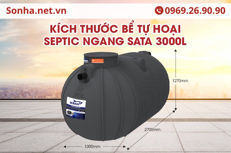 Kích thước của bồn tự hoại septic ngang SATA 3000L