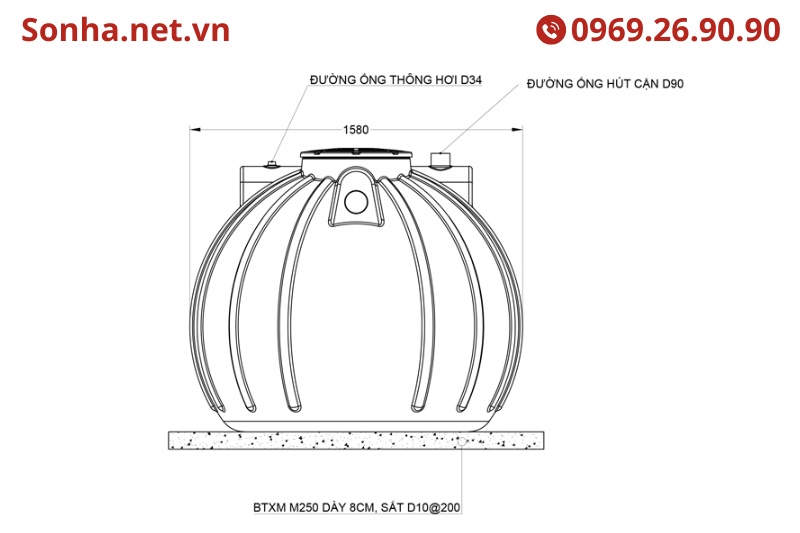 Bản vẽ bồn tự hoại septic ngang Sata 4000L