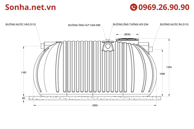 Bản vẽ bồn tự hoại septic ngang Sata 4000L